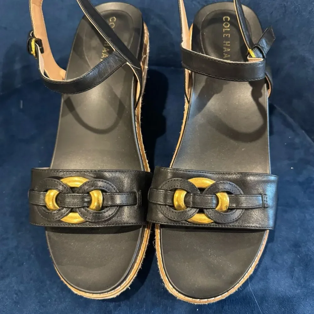 COLE HAAN Cloudfeel Espadrille 75MM Platform Wedge Sandals Black & Gold Size 8.5